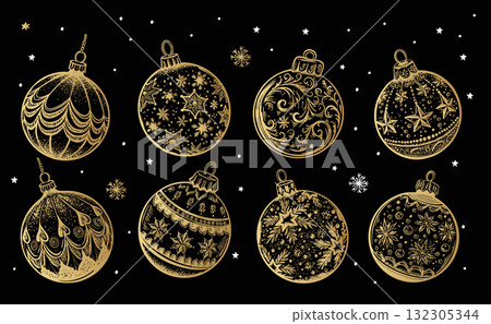 Christmas gold ball on black set. Hand drawn illustration. Christmas gold ball on black set. Hand drawn illustration. 132305344