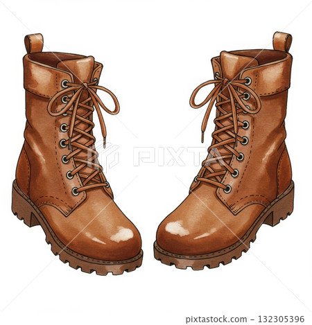 Brown Leather Lace-Up Boots Watercolor Illustration 132305396