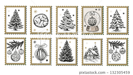Hand-Drawn Christmas Festive Stamps Collection Hand-Drawn Christmas Festive Stamps Collection 132305459
