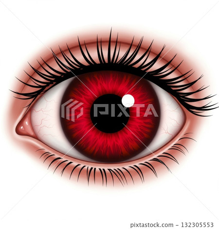 Close Up of a Realistic Red Eye with Dark Iris and Long Eyelashes 132305553
