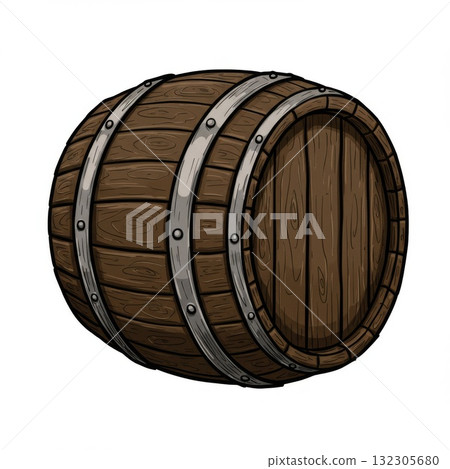 Dark Brown Wooden Barrel with Metal Bands 132305680