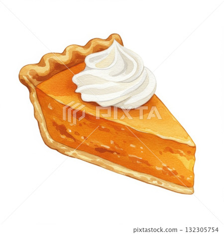 Watercolor Illustration of Pumpkin Pie Slice with Whipped Cream 132305754