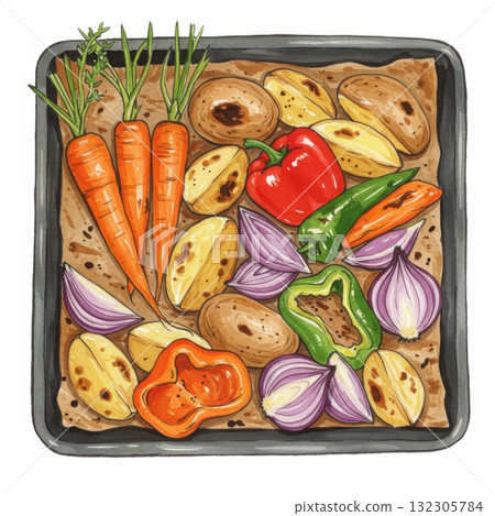 Roasted Vegetables on Baking Sheet Illustration 132305784