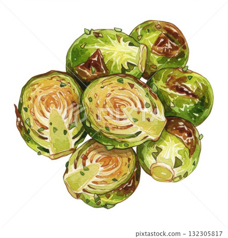 Roasted Brussels Sprouts Watercolor Illustration 132305817