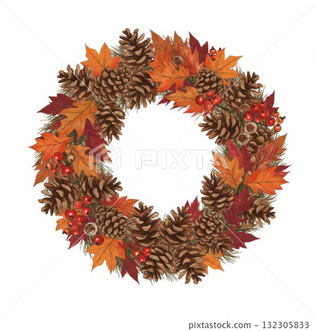 Autumnal Wreath with Maple Leaves Pine Cones and Berries Autumnal Wreath with Maple Leaves Pine Cones and Berries 132305833