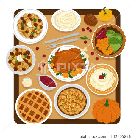 Thanksgiving Dinner Feast: Roasted Turkey with... - Stock Illustration ...