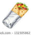 Watercolor Illustration of a Delicious Meat Wrap with Vegetables 132305862