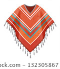 Red Orange Poncho with Teal Stripes and Fringe 132305867