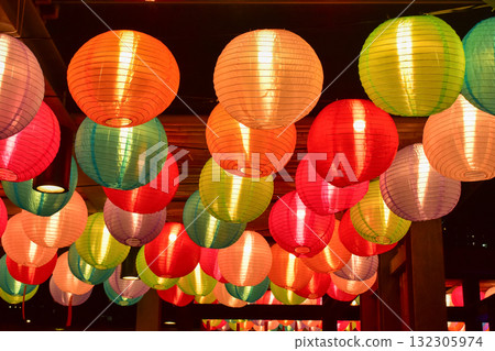 Close-up of the traditional Chinese lantern. Red lantern. Colorful lanterns. Festive decoration. Mid-autumn festival decoration,Chinese New Year decoration, for celebration. Festive background concept 132305974