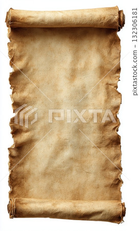 Old vintage parchment scroll with blank space, perfect for historical documents, antique maps, or ancient manuscripts. 132306181