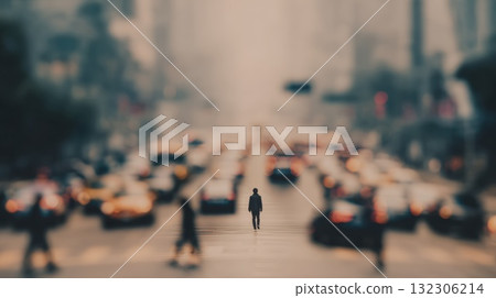 Solitary Figure Stands in the Middle of a Busy City Crosswalk Amid Rushing Traffic and Blurred Crowds 132306214