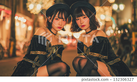 Two women standing side by side in the city at night, outdoor portrait on an autumn evening Two women standing side by side in the city at night, outdoor portrait on an autumn evening 132306327