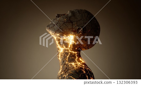 Cracked Lava Human Silhouette With Glowing Veins Of Light, Surreal Fiery Figure Art 132306393