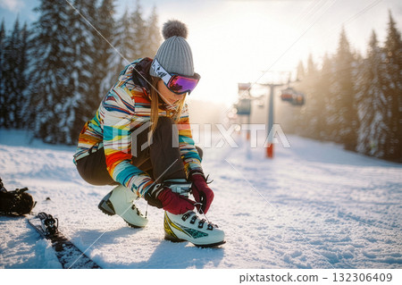 Ski enthusiast prepares gear on snowy slopes during a bright winter morning in a mountain resort Ski enthusiast prepares gear on snowy slopes during a bright winter morning in a mountain resort 132306409