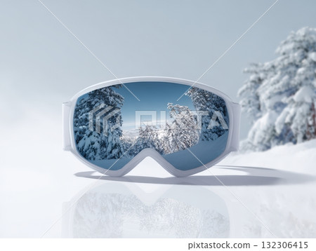 Snowy mountain landscape reflected in ski goggles with bright blue sky and vibrant white snow during a sunny winter day Snowy mountain landscape reflected in ski goggles with bright blue sky and vibrant white snow during a sunny winter day 132306415