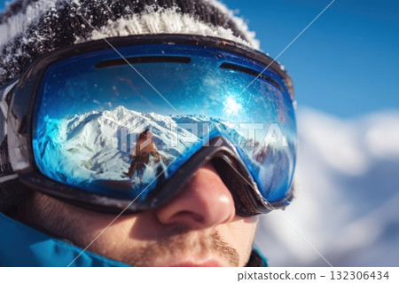 Mountain landscape reflects in ski goggles worn by a snowboarder on a sunny day in the snowy peaks Mountain landscape reflects in ski goggles worn by a snowboarder on a sunny day in the snowy peaks 132306434