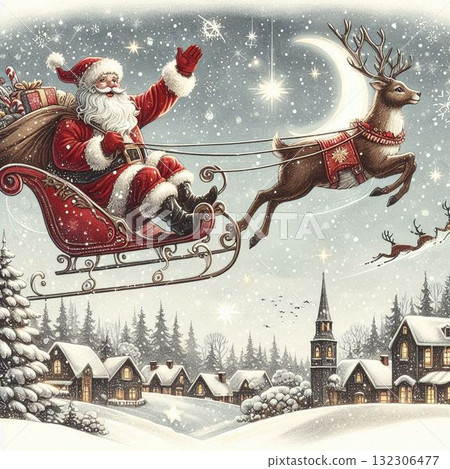 聖誕老人和馴鹿在夜空中飛翔的插圖 132306477