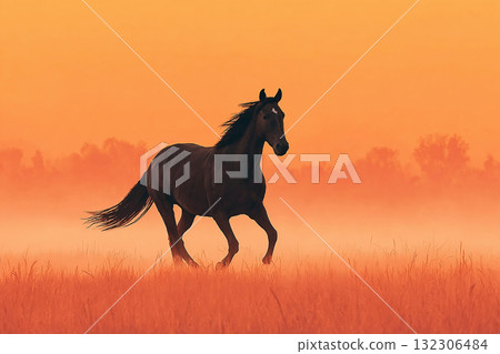 Horse running in the sunset 132306484