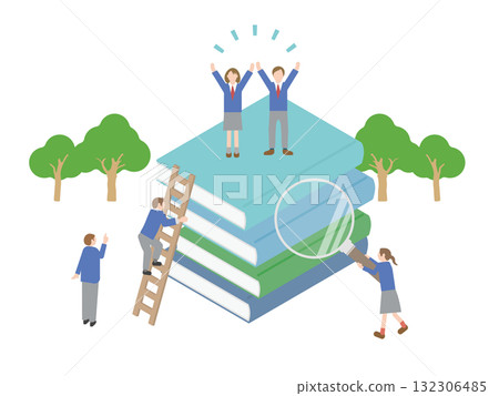 學生們在一堆書上歡欣鼓舞 | 教育概念插圖象徵著學習、努力工作和追求知識 132306485