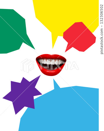 Vibrant composition. Red lips surrounded by colorful speech bubbles symbolizing joyful communication and creativity Vibrant composition. Red lips surrounded by colorful speech bubbles symbolizing joyful communication and creativity 132306502