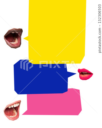 Composition of multiple mouths with colored speech bubbles symbolizing diverse communication network 132306503