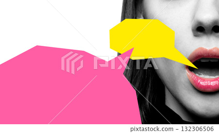 Colorful artwork. Woman speaking with pink and yellow speech bubbles symbolizing expressive dialogue 132306506