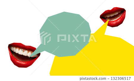 Colorful artwork. Two red smiling mouths with colorful speech bubbles symbolizing friendly conversation Colorful artwork. Two red smiling mouths with colorful speech bubbles symbolizing friendly conversation 132306517