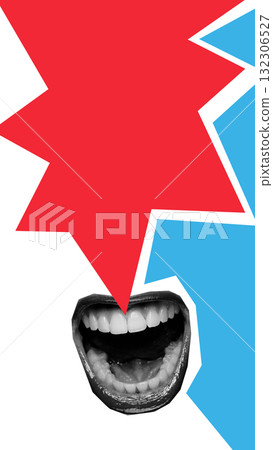 Creative collage. Dynamic open mouth surrounded by colorful geometric speech bubbles. Creative collage. Dynamic open mouth surrounded by colorful geometric speech bubbles. 132306527
