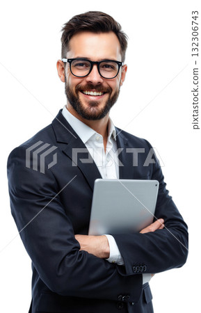Businessman Holding Tablet. A Caucasian man with short dark hair, glasses, and a beard, wearing a dark suit and white Businessman Holding Tablet. A Caucasian man with short dark hair, glasses, and a beard, wearing a dark suit and white 132306743