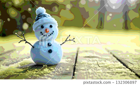 A snowman standing on a wooden deck on a winter day 132306897