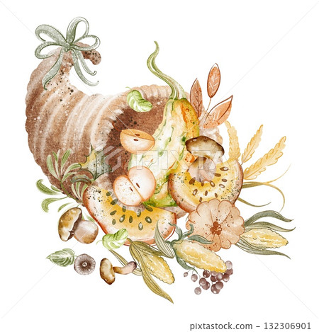Horn of Plenty Watercolor Illustration Horn of Plenty Watercolor Illustration 132306901