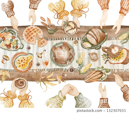 Thanksgiving Dinner Table With Food And Hands Watercolor Thanksgiving Dinner Table With Food And Hands Watercolor 132307031