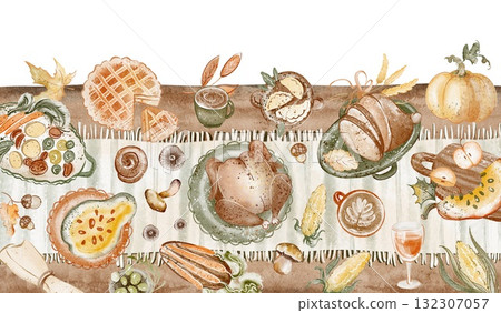 Thanksgiving Dinner Table Illustration Watercolor Hand Drawn Thanksgiving Dinner Table Illustration Watercolor Hand Drawn 132307057