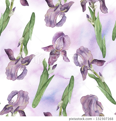 Seamless pattern with purple irises on a background of pink-lilac watercolor spots. The flower illustration is hand-drawn in a botanical style. For wallpaper design, textiles, fabrics, wrapping paper Seamless pattern with purple irises on a background of pink-lilac watercolor spots. The flower illustration is hand-drawn in a botanical style. For wallpaper design, textiles, fabrics, wrapping paper 132307168