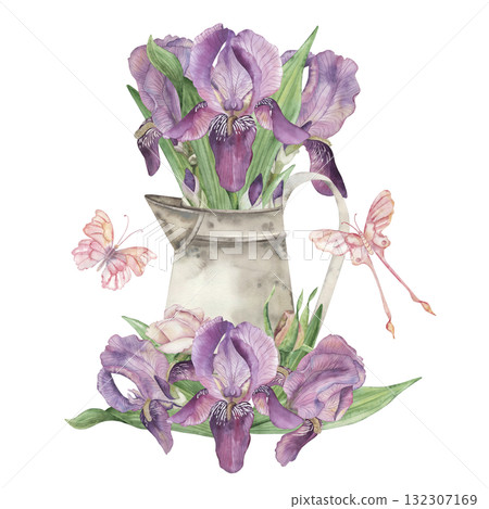 a bouquet of purple irises in a vintage jug with roses, buds, pink butterflies. The watercolor illustration is hand-drawn in a botanical style in bright, delicate shades. For cards, garden design a bouquet of purple irises in a vintage jug with roses, buds, pink butterflies. The watercolor illustration is hand-drawn in a botanical style in bright, delicate shades. For cards, garden design 132307169