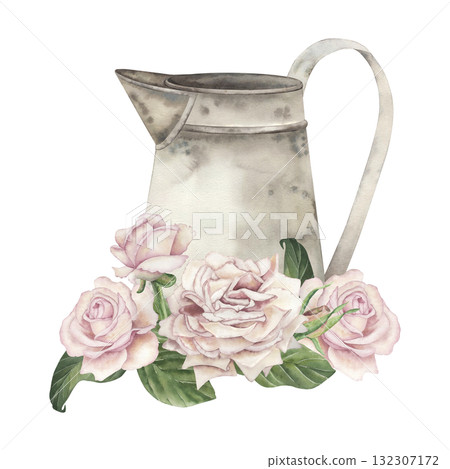 Vintage metal jug with patina, decorated with delicate pink roses. The watercolor illustration is handmade in a botanical style and pastel shades. For postcards, weddings, scrapbooking, packaging 132307172