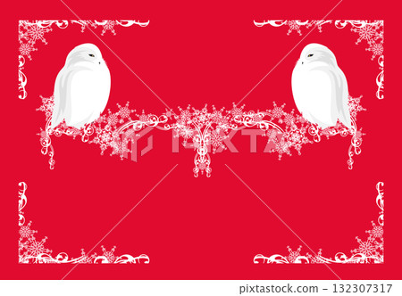 red and white vector design of winter season owl birds with snow decor forming frame border red and white vector design of winter season owl birds with snow decor forming frame border 132307317