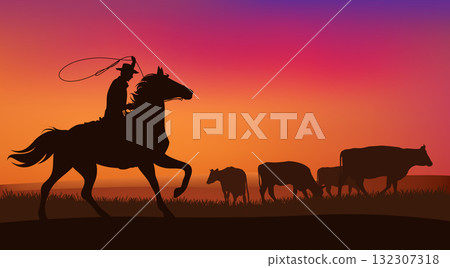 cowboy with lasso riding horse and chasing cattle herd in sunset prairie vector landscape 132307318