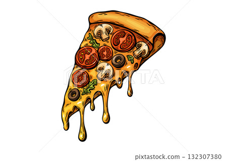 Melting pizza slice with tomato mushroom and cheese in pop art style 132307380