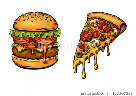 Burger and pizza slice food combo in hand drawn retro style 132307381