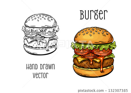 Burger in color and black outline sketch vintage food vector Burger in color and black outline sketch vintage food vector 132307385