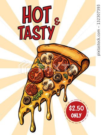 Pizza slice promo poster with pop art vintage sunburst Pizza slice promo poster with pop art vintage sunburst 132307393