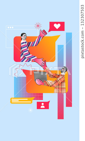 Bold colorful poster. Man and woman exchanging ideas through chat bubbles symbolizing cross-team creative workflow in digital workspace Bold colorful poster. Man and woman exchanging ideas through chat bubbles symbolizing cross-team creative workflow in digital workspace 132307503
