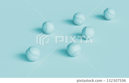 Scattered Monochromatic Pastel Blue Baseball Ball. 3D Rendering. 132307506