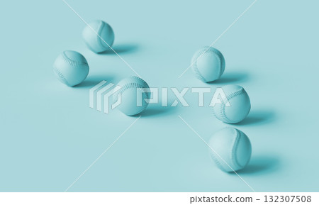 Scattered Monochromatic Pastel Blue Baseball Ball. 3D Rendering. 132307508