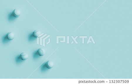 Scattered Monochromatic Pastel Blue Baseball Ball. 3D Rendering. 132307509