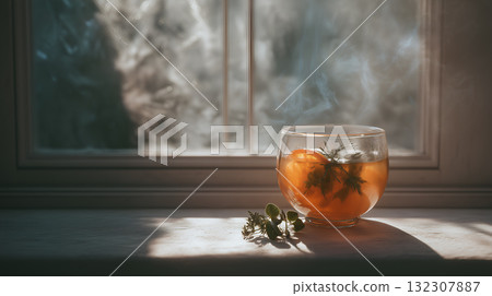 Steaming Herbal Citrus Drink in Glass Cup on Sunlit Windowsill with Natural Accents 132307887