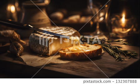 Soft Cheese Spread on Crusty Bread with Herbs and Rustic Decor in Warm Light 132307888