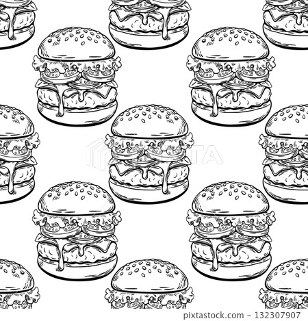 Seamless burger pattern in hand-drawn engraving sketch style Seamless burger pattern in hand-drawn engraving sketch style 132307907