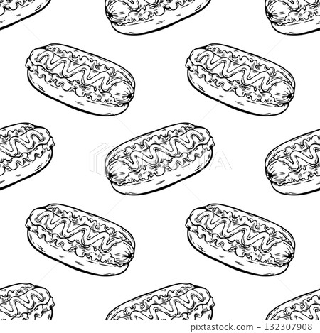 Burger pizza and hot dog line art black and white sketch 132307908
